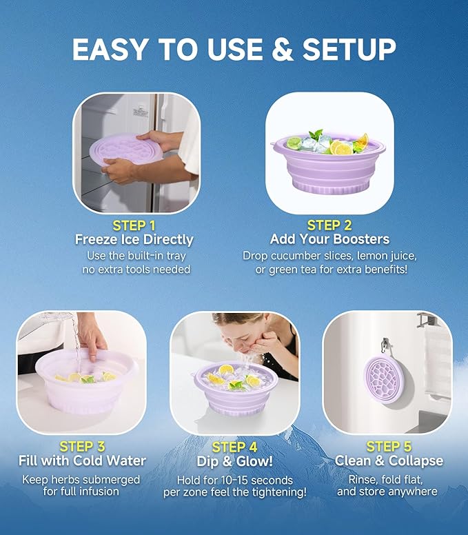 Face Bowl for Ice with Built-in Ice Tray – Collapsible Silicone Facial Ice Bath Bowl for Cold Plunge Therapy, Skin Tightening & Acne Relief – Portable Spa Tool for Home & Travel(Purple)