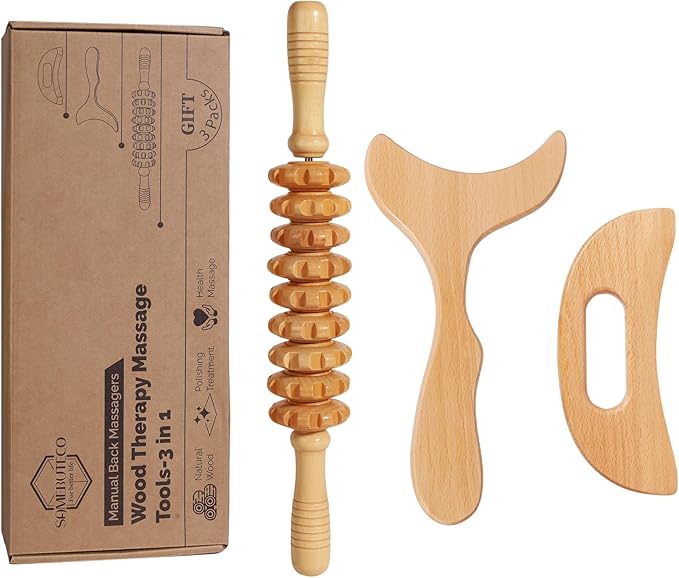 Lymphatic Drainage Massager Manual Wooden Fascia Massage Roller and Gua Sha Tool Set for Body Release Cellulite Anti Cellulite and Relieve Muscle Fatigue 3 Packs