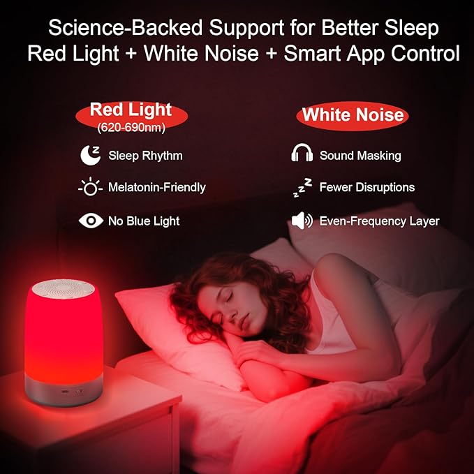 Red Light Sleep Sound Machine – Night Light for Bedroom with 5-Level Red Light Therapy (620–690nm), 32 White Noise & Nature Sounds, Smart App Control, Timer & Wake-Up Alarm Clock