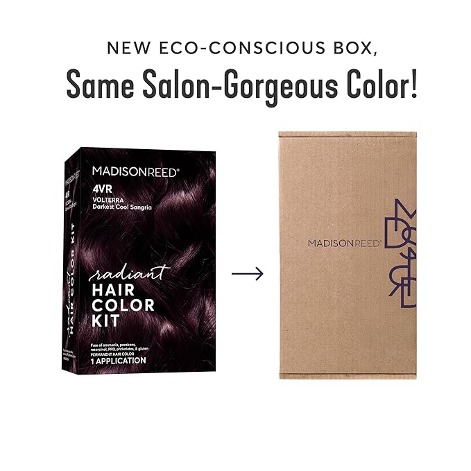Madison Reed Radiant Hair Color Kit | 4VR Darkest Cool Sangria (Volterra Amethyst) for 100% Gray Hair Coverage | Salon Quality Permanent Hair Dye | PPD-Free & Ammonia-Free | (Packaging Varies) 1 Pack