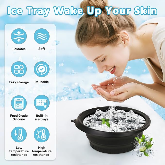 Foldable Silicone Facial Ice Bath Bowl, Ice Face Bowl with Built-in Ice Tray - for Cold Immersion Therapy, Skin Tightening and Acne Relief - Portable Cold Therapy Tool for Home and Travel (Black)