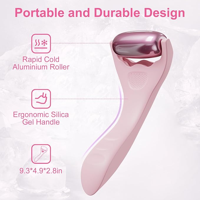 Ice Roller for Face Body, Hot Roller Ice Rollers, Facial Roller Skin Care Tool for De-puffing Soothing Face for All Skin Types, Premium Silicone Handle, Gift for Women Girls, Pink, 1 PCS