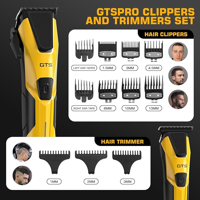 Professional Hair Clippers for Men, Professional Barber Clippers and Trimmer Set, Mens Cordless Hair Clipper for Barbers Haircut Kit Fade Yellow