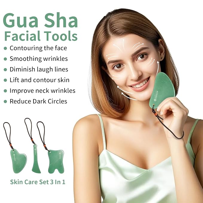 3PC Gua Sha Tools Set - Natural Nephrite Jade Facial & Body Stones, Hypoallergenic Skin Care Kit with Adjustable Cord & A Thoughful Acessory Pouch