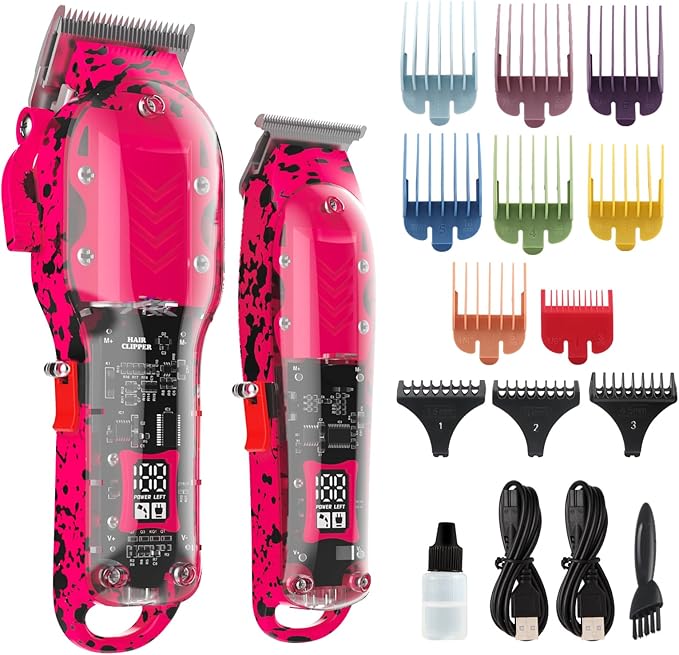 Professional Hair Clippers for Men, Cordless Barber kit for Hair Cutting & Grooming, Pink Hair Clippers and Trimmer Set for Barber Haircut with LED Display, 8 Fade Taper Combs