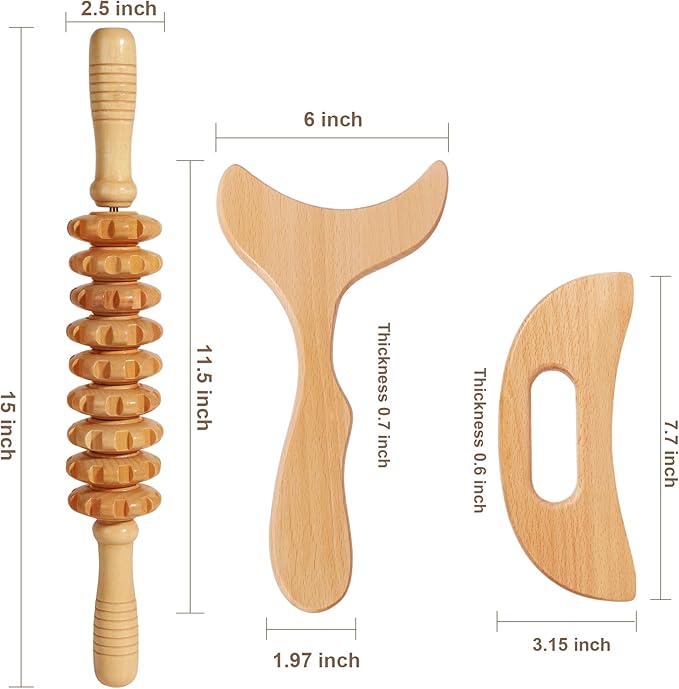 Lymphatic Drainage Massager Manual Wooden Fascia Massage Roller and Gua Sha Tool Set for Body Release Cellulite Anti Cellulite and Relieve Muscle Fatigue 3 Packs
