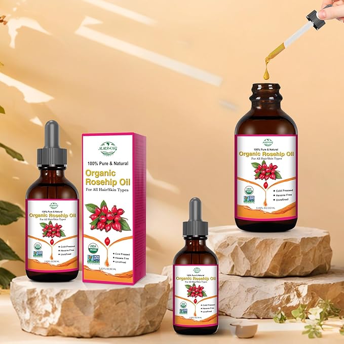 Rosehip Seed Oil for Face (2 oz/60 ml) USDA Certified Organic 100% Pure Natural Cold Pressed Unrefined Rosehip Oil for Skin Anti-Aging, Scar, Hair Moisturizer, Gua Sha Massage, Nails