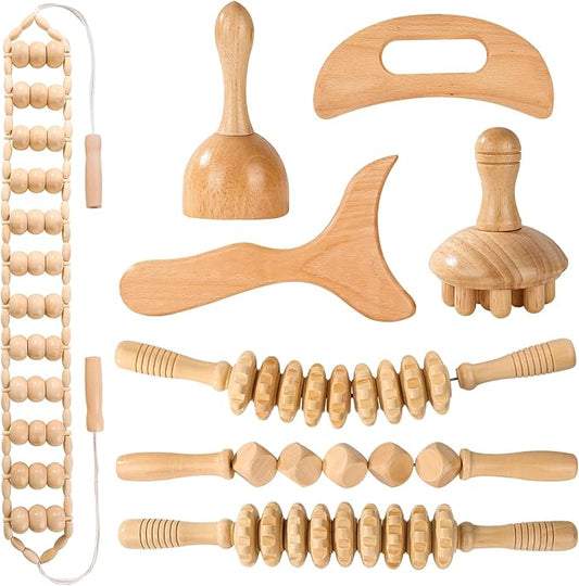 Wood Therapy Tools for Body Shaping,8 in 1 Wood Therapy Massage Tools,Wooden Gua Sha Tools,Lymphatic Drainage Massager,Maderoterapia kit,Wooden Massager Roller Rope for Body Shaping, Beige