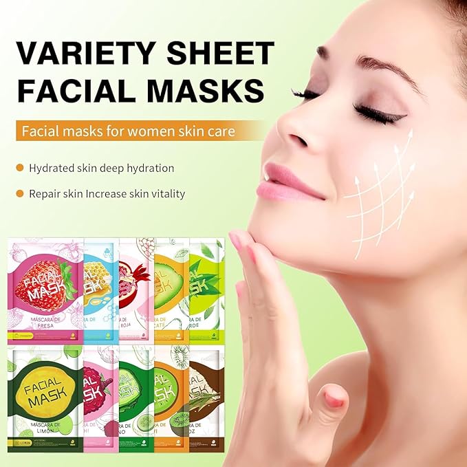 10 Sheets Face Masks Skincare for All Skin Types, Hydrating Face Masks Suitable for Sensitive Skin, Bulk Facial Mask for Women Skin Care, Soothe Sheet Masks Gifts for Spa