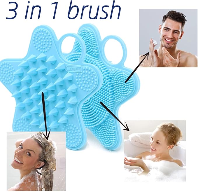 LUCKSTELLA 100% Silicone Dual-Sided Shower Brush – Star-Shaped Body Scrubber & Scalp Massager, Gentle for Hair & Skin (Silver-Gray)