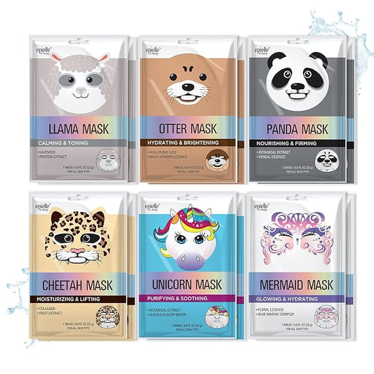 Epielle Animal Character Sheet Masks 12 Pack, Hydrating Face Mask with Hyaluronic Acid & Botanical Extract, Korean Skin Care, Girls Spa Party Favors, Sleepover, Self Care Gifts for Women