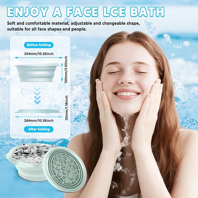 Foldable Silicone Facial Ice Bath Bowl, Ice Face Bowl with Built-in Ice Tray - for Cold Immersion Therapy, Skin Tightening and Acne Relief - Portable Cold Therapy Tool for Home and Travel (Green)