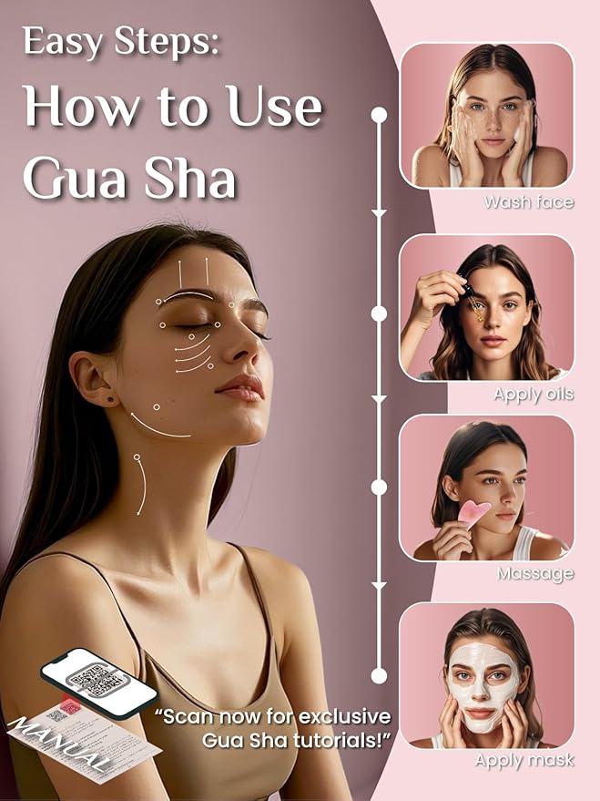 Rena Chris Gua Sha Facial Tools, Ergonomic Rose Quartz Guasha Tool for Face Massage, Manual Facial Massager Tool For Jawline Sculpting and Puffiness Reduction with Silicone Case (Pink)