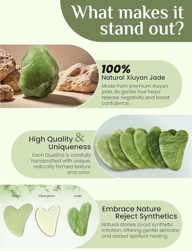 Rena Chris Gua Sha Facial Tools, Xiuyan Jade Stone Guasha Tool for Face Massage, Manual Facial Massager Tool for Jawline Sculpting and Puffiness Reduction with Silicone Case (Green)