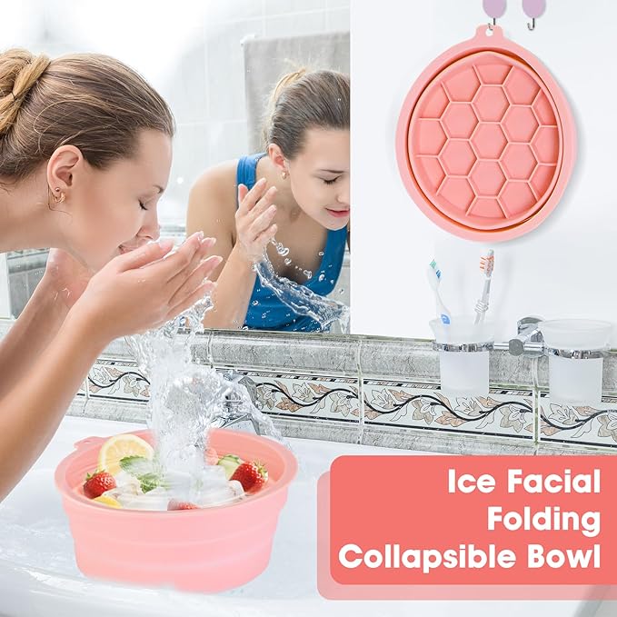 Face Bowl for Ice Silicone Facial Bowls with Built - in Tray Foldable Washbasin for Face Tub Plunge & Cold Plunge Quick Skin Cooling in Ice Baths -Bath Spa Tool for Home Camping Travel & Pink