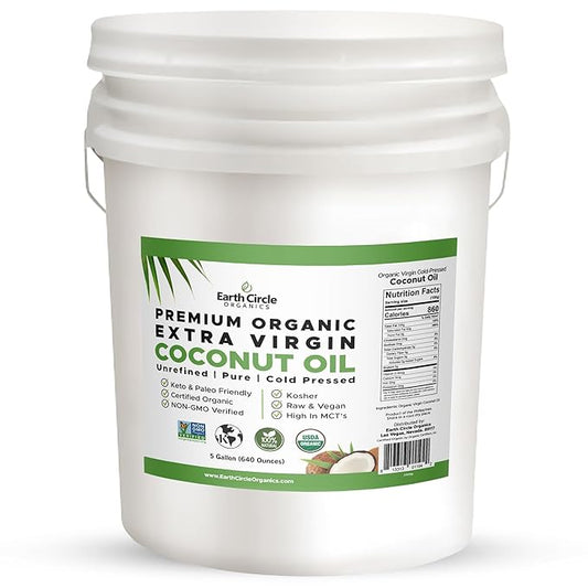 Earth Circle Organics Premium Ultra-Pure UNREFINED Cold Pressed Organic Extra Virgin Coconut Oil - Gluten-Free, Keto & Paleo Friendly - Pure Oil for Skin & Hair Care, Cooking, Baking & More - 5 Gallon