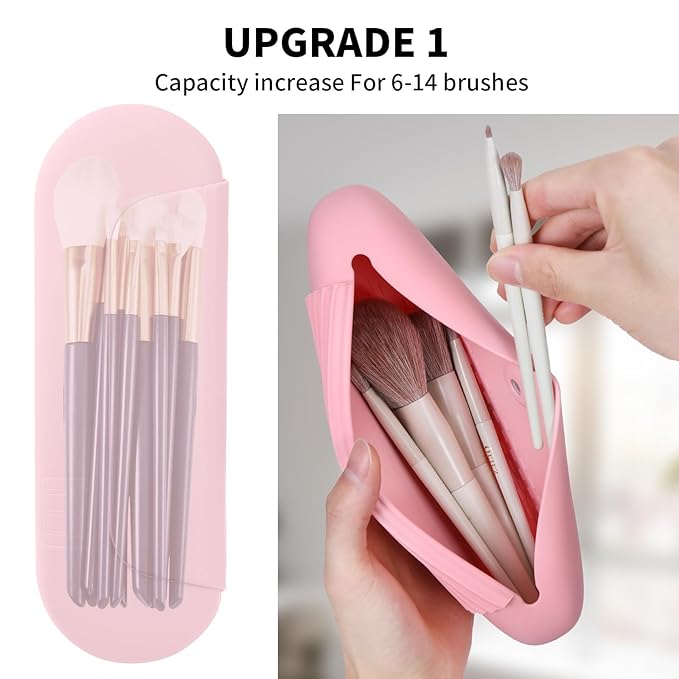 Silicone Makeup Brush Holder Travel Cosmetic Bag：Soft Portable Cosmetic Face Brushes Holder with Upgrade Anti-Fall Out Magnetic Closure, Large Travel Makeup Brush Case - Pink
