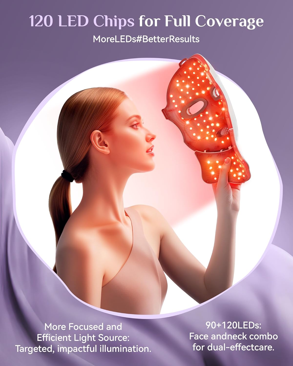 FOLOKE Red Light Therapy Mask for Face & Neck, LED Face Light Therapy,USB C Rechargeable,Infrared Mask for Home Working Travel Yoga (purple pink)