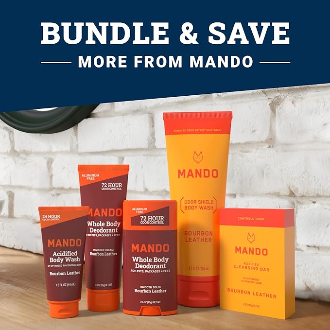 Mando Odor Shield Body Wash - 24 Hour Control - Removes Odor Better than Soap - SLS Free, Paraben Free, Skin Safe - 8.5 Ounce (Pack of 2) (Bourbon Leather)