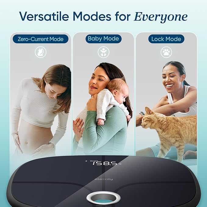 Etekcity Smart Rechargeable Scale for Body Weight, BMI, Fat, Muscle Mass, Digital Bathroom Scale with 13 Metrics, Secret Mode, Bluetooth Connect to Free Apps, Stealth Black