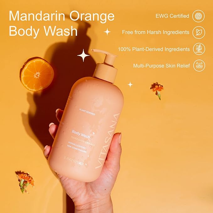 Vitasana Natural Body Wash for Sensitive Skin, 16 oz – Mandarin Orange Scent, 98.9% Plant‑Derived, EWG Verified, Hypoallergenic, Paraben‑Free, Sulfate‑Free, Cruelty‑Free