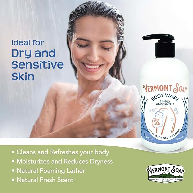 VERMONT SOAP Body Wash, Natural Body Wash with Shea Butter, Mild Gel Body Wash for Moisturizing and Soothing Skin, Fragrance Free Body Wash for Women & Men (Simply Unscented, 12oz)