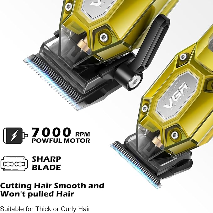 VGR Professional Hair Clippers for Men, Cordless Barber Clippers and Trimmers Set, Mens Hair Cutting Kit with 10 Guide Combs, USB Rechargeable Haircut Machine for Family, LED Display, Gold