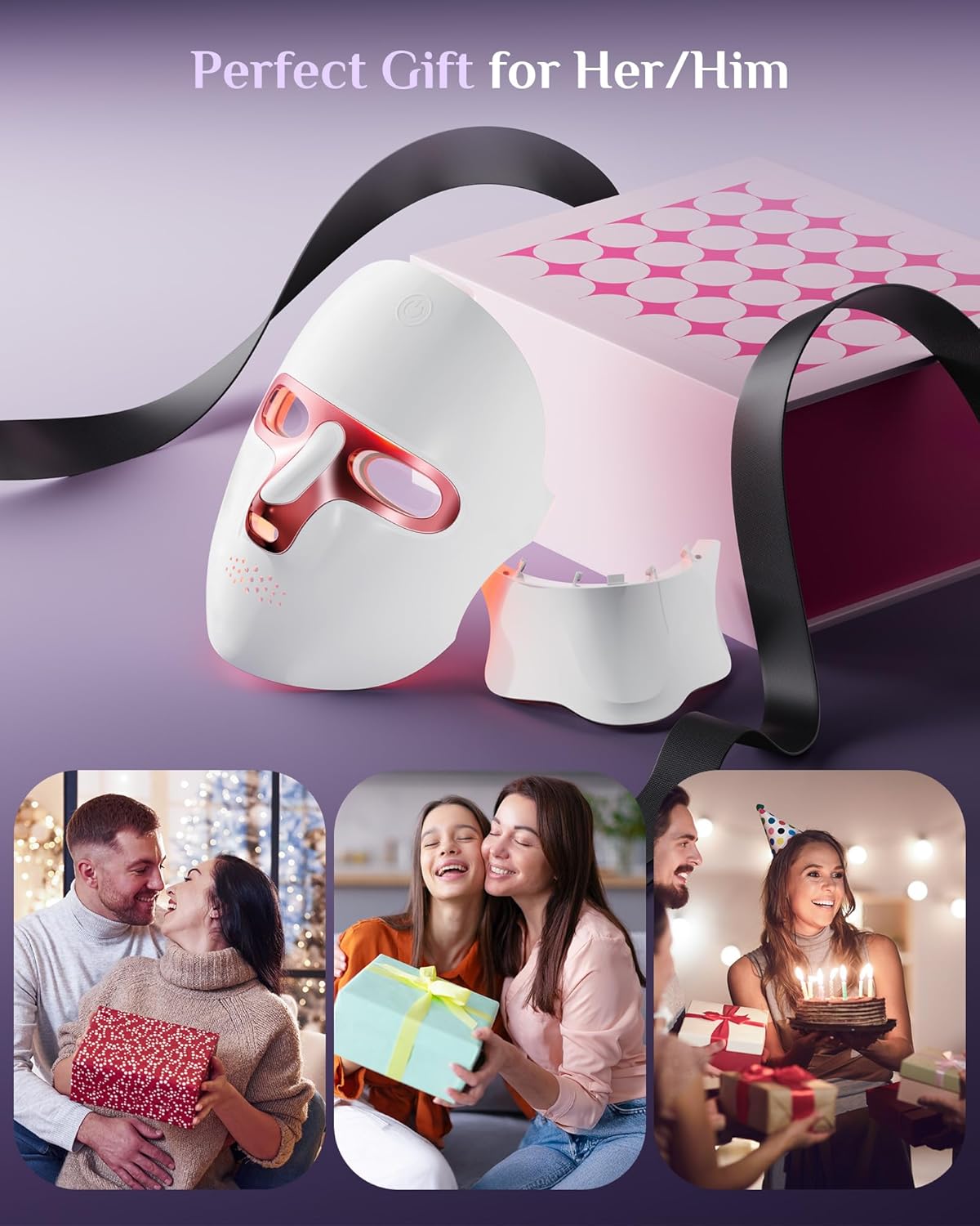 FOLOKE Red Light Therapy Mask for Face & Neck, LED Face Light Therapy,USB C Rechargeable,Infrared Mask for Home Working Travel Yoga (purple pink)