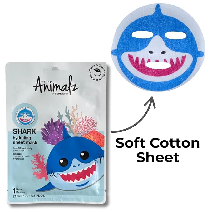 masque BAR Pretty Animalz Animal Character Sheet Mask, Korean Skin Care, Korean Spa Masks for All Skin Types, Spa Gifts, Birthday Party Gifts, Girls' Night, Skincare Party, Shark Pack of 6