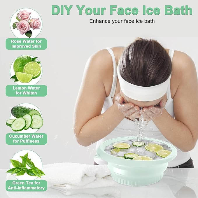 Face Bowl for Ice with Built-in Ice Tray, Collapsible Facial Ice Bath Bowl for Skin Tightening, Acne Relief Cold Plunge Therapy, Portable Spa Tool for Home & Travel (Green)