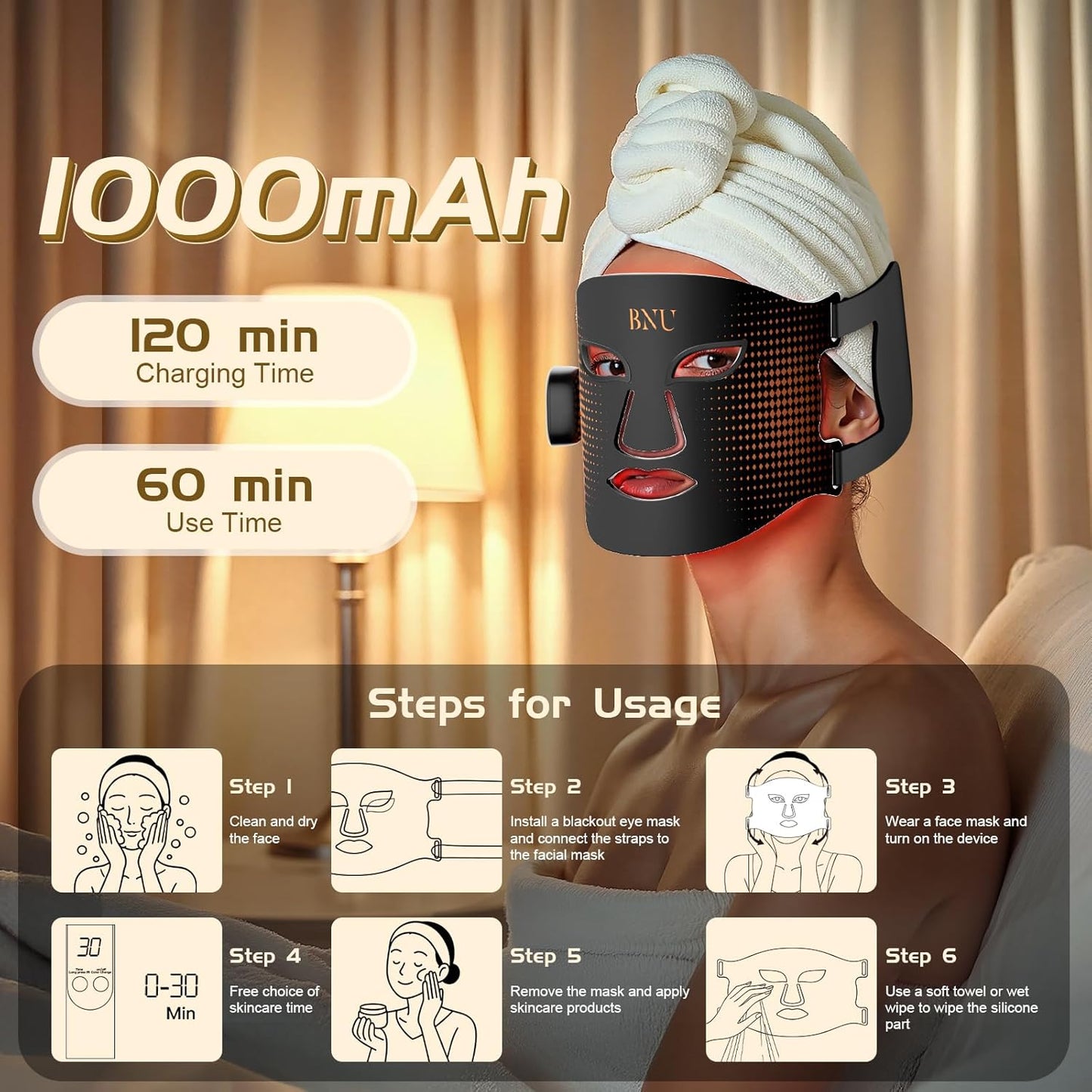 BNU Wireless Led Face Mask Light Therapy, 3 Modes Red Light Therapy for Face with 400 LED Beads, Dual 1000mAh Remote Control, 850NM Infrared Red Light Therapy for Anti-Aging at Home & Travel