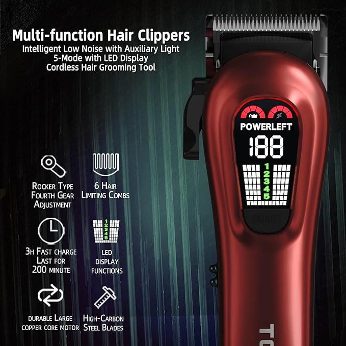 Hair Clippers for Men Professional Clippers for Men Cordless&Corded Barber Clippers for Hair Cutting & Grooming. Rechargeable Hair Trimmer Kit for Household (Red)