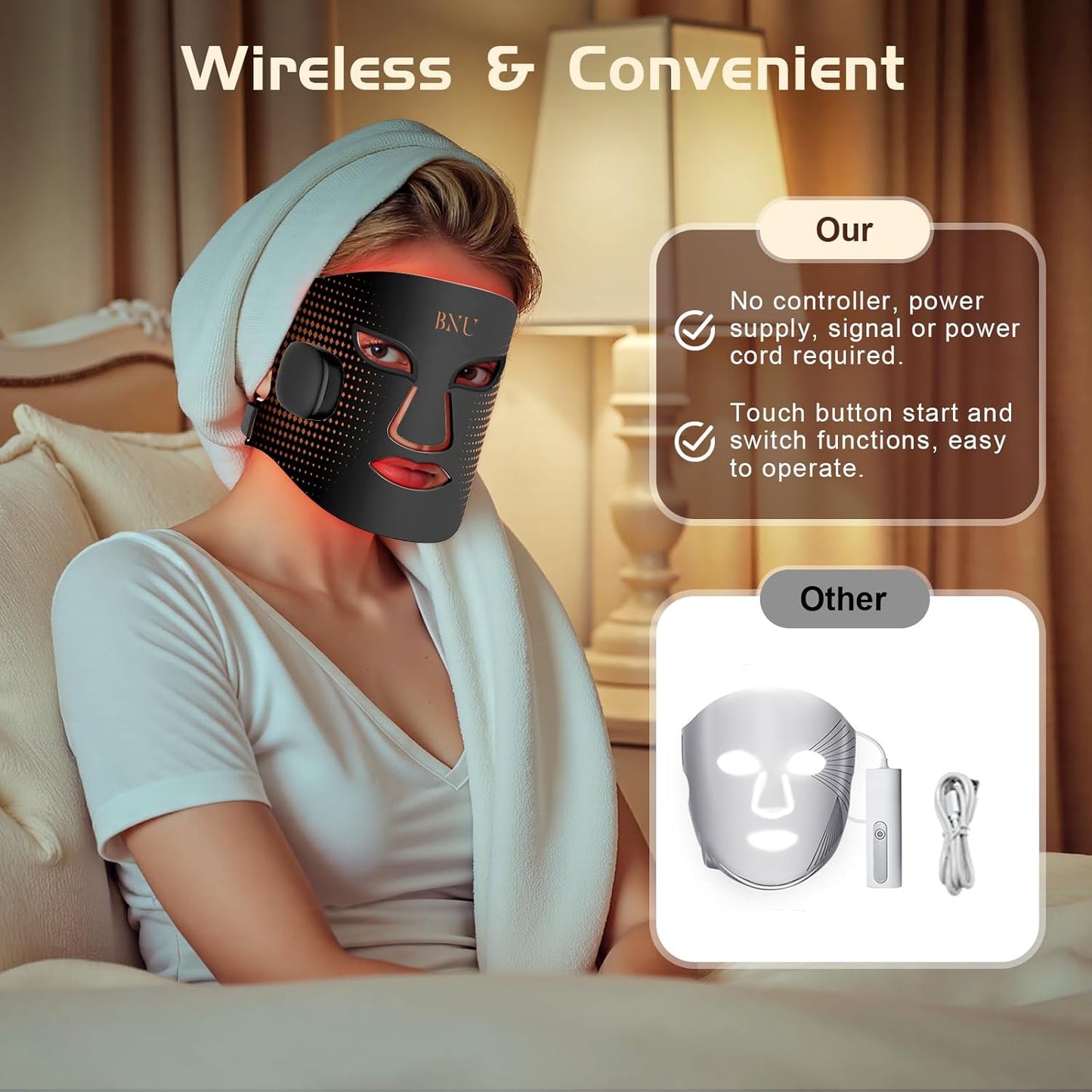 BNU Wireless Led Face Mask Light Therapy, 3 Modes Red Light Therapy for Face with 400 LED Beads, Dual 1000mAh Remote Control, 850NM Infrared Red Light Therapy for Anti-Aging at Home & Travel