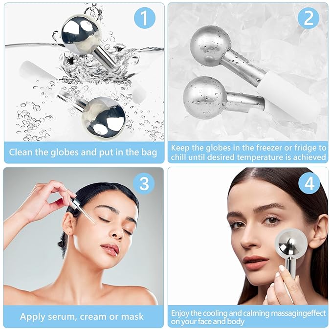 Ice Globes for Face, Unbreakable Stainless Steel Ice Globes for Facials for Puffiness, Wrinkles,Ice Balls for Face Neck & Eyes Skin Care