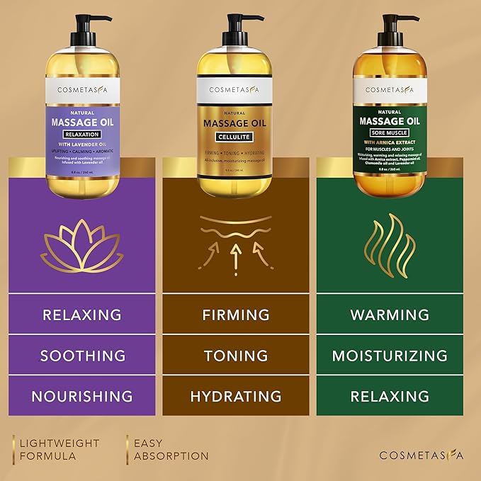 Cosmetasa Massage Oil Set - Arnica & Peppermint Sore Muscle Relief, Cellulite & Lavender Body Massage Oils - Gua Sha Therapy