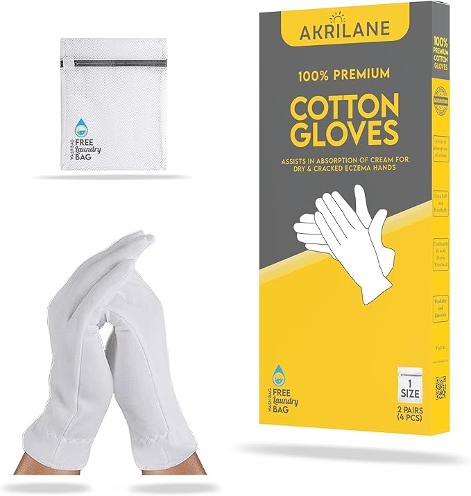 1 Size 2 Pairs 100% Premium Cotton Gloves for Dry Hands | Moisturizing Overnight Gloves for Eczema, Psoriasis & Skin Spa Treatment for Women & Men | Washable & Reusable with Free Laundry Bag