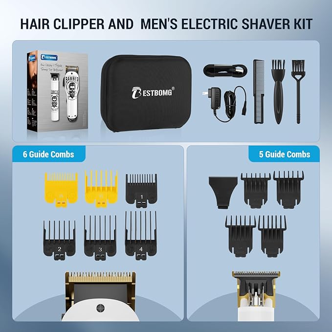 BESTBOMG® Hair Clippers & Trimmer Ceramic T-Blade Cordless Haircut Sets Rechargeable 2000mAh/1200mAh with 10 Guide Combs & for Men/Father/Husband/Boyfriend