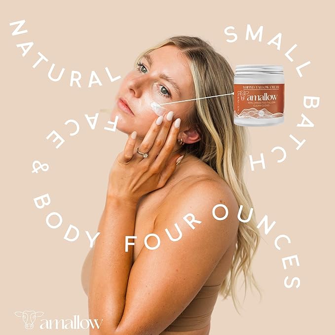 100% Grass Fed Beef Tallow for Skin Care - Face + Body - Whipped Moisturizer - Natural Lotion, 4 FL. oz. (Clean Cloud)