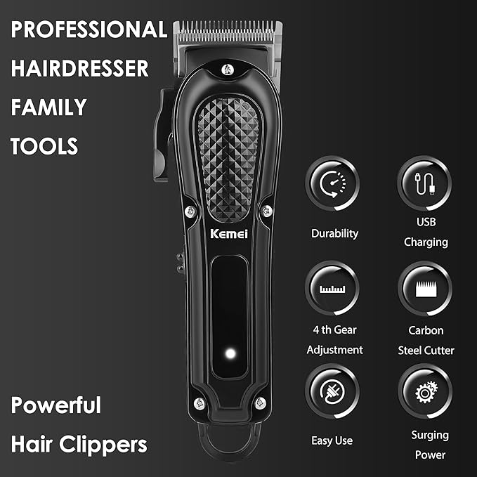 KEMEI Hair Clippers for Men, Professional Barber Clipper for Hair Cutting Cordless & Corded, Rechargeable Beard Trimmer