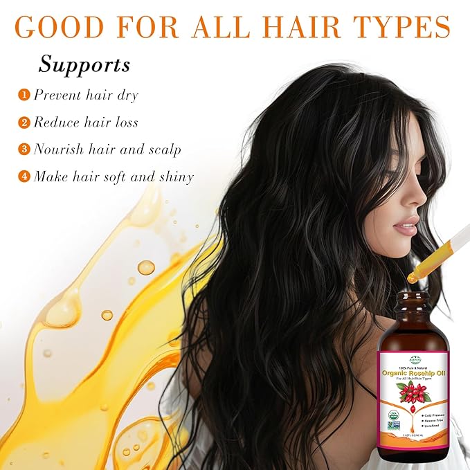 Rosehip Seed Oil for Face (2 oz/60 ml) USDA Certified Organic 100% Pure Natural Cold Pressed Unrefined Rosehip Oil for Skin Anti-Aging, Scar, Hair Moisturizer, Gua Sha Massage, Nails