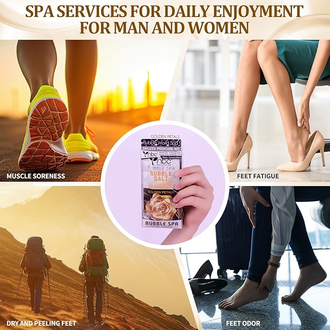 Pedicure Kit Foot Soak Set: Bubble Salt, Sugar Scrub, Massage Mask, Massage Lotion in a Box, 4 Step Foot Spa Kit for Dry Feet,Tired Feet（3 Set Golden petals)