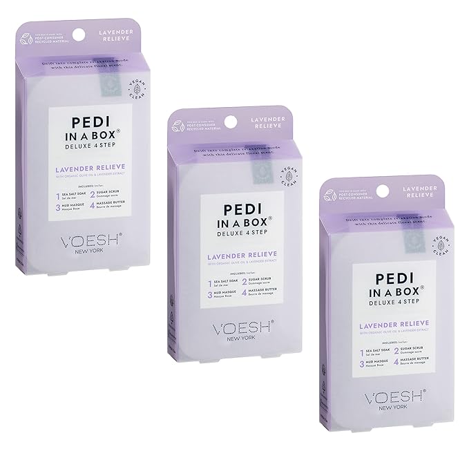 VOESH Pedi in a Box 4 Step Lavender - 3 Pack, Relaxing Spa Pedicure, At-Home Pedicure, DIY Pedi, Pedicure Supplies, Foot Care, Foot Spa, Vegan