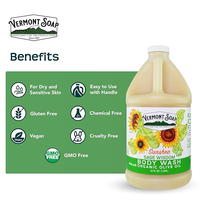 VERMONT SOAP , Natural body wash with Shea Butter, Mild Gel for Moisturizing and Soothing Skin, Fragrance Free for Women & Men (Sage Lime Wisdom, 64oz)