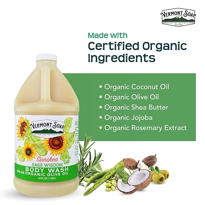 VERMONT SOAP , Natural body wash with Shea Butter, Mild Gel for Moisturizing and Soothing Skin, Fragrance Free for Women & Men (Sage Lime Wisdom, 64oz)