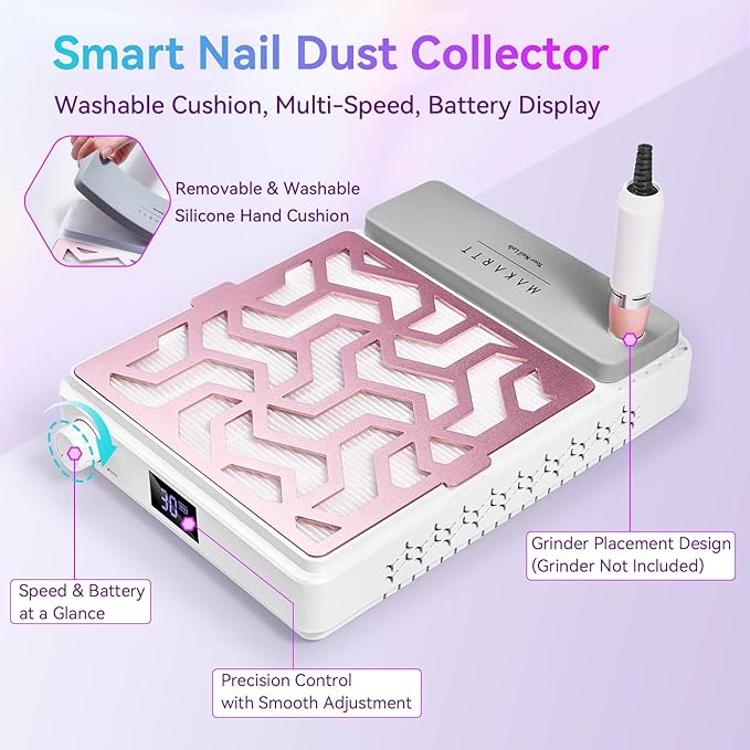 Makartt Nail Dust Collector - Rechargeable Ultra Thin Portable Dust Collector DUSTINA with Digital Display Silicone Wrist Rest and Reusable Filter for Nail Tech Acrylic Gel Polishing