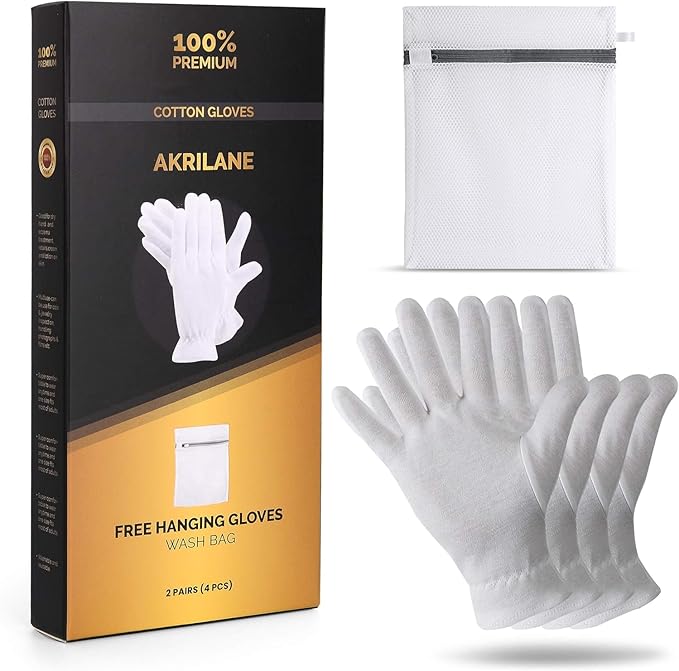 1 Size 2 Pairs 100% Premium Cotton Gloves for Dry Hands | Moisturizing Overnight Gloves for Eczema, Psoriasis & Skin Spa Treatment for Women & Men | Washable & Reusable with Free Laundry Bag