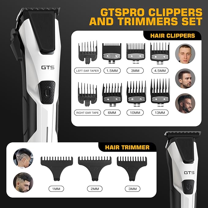 Professional Hair Clippers for Men, Professional Barber Clippers and Trimmer Set, Mens Cordless Hair Clipper for Barbers Haircut Kit Fade White