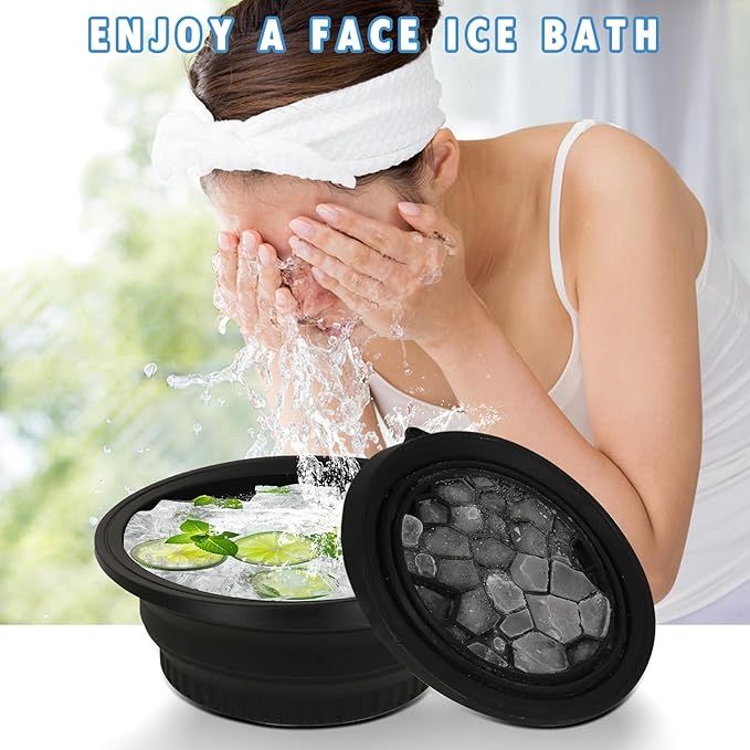 Foldable Face Ice Bath Bowl, Face Bowl for Ice With Built-in Ice Tray, Collapsible Silicone Facial Ice Bath Bowl for Cold Plunge Therapy, Skin Tightening, Travel Cold Bath Spa Tool, Black