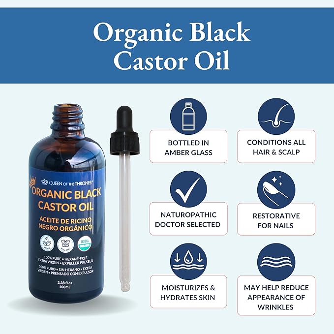 QUEEN OF THE THRONESOrganic Black Castor Oil - 100mL with Dropper| 100% Pure, Certified Organic, Hexane-Free, Extra Virgin | Moisturizing & Conditioning Oil for Skin, Hair & Nails