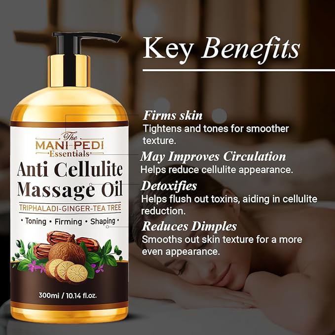 Anti Cellulite Massage Oil with Ginger Oil, Tea-Tree Oil & Natural Herbs for Toning, Firming & Shaping. 100% Natural Ingredients, Non-Sticky Texture - 10 Fl Oz